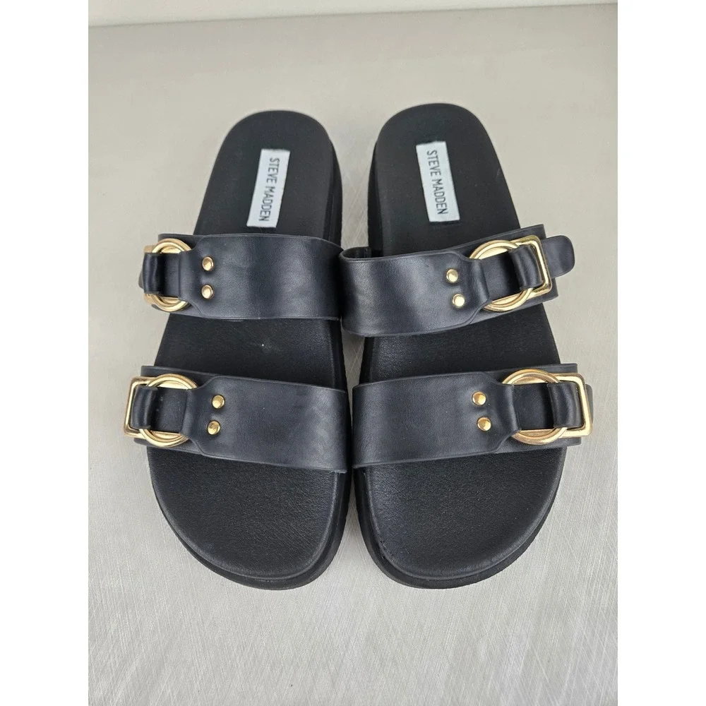 Steve Madden Hanni Black Platform Slide Sandals Gold Buckle Womens 8.5M - Picture 2 of 12